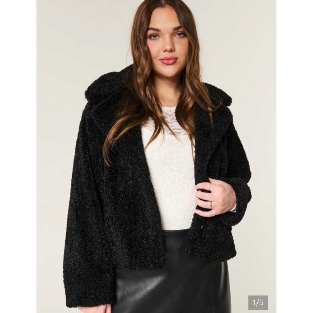 Hollister Sherpa Jacket Womens Small Black Teddy Borg Notched Lapel Coat